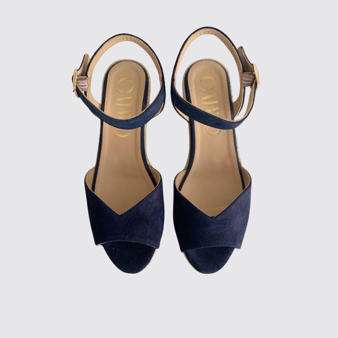 Lussy Navy Blue low-wedge suede espadrilles with ankle strap, handcrafted in Spain by Gaimo