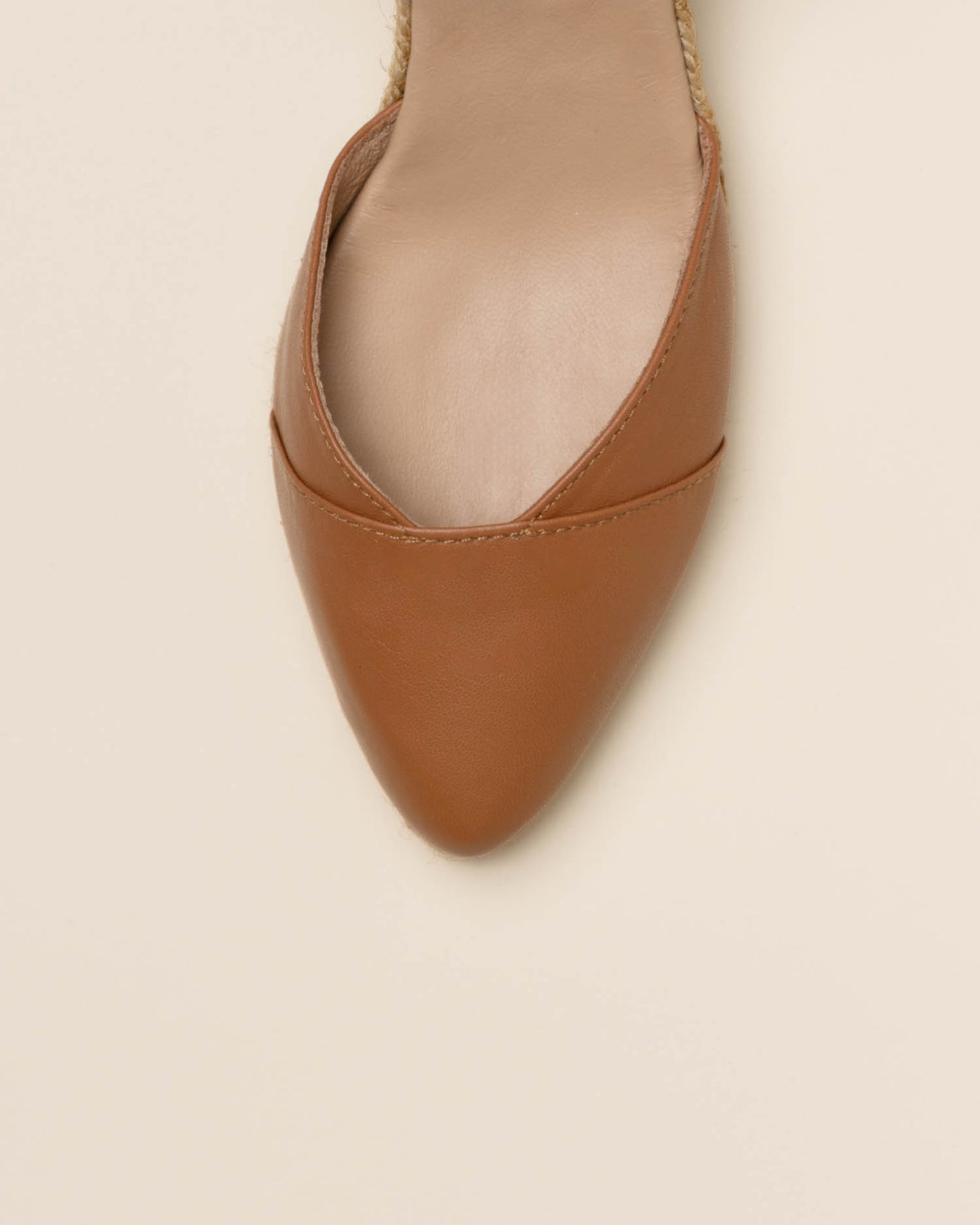 Oriana Praline mid-wedge leather espadrilles with pointed toe, square neckline, and ankle strap – handcrafted in Spain by Gaimo.