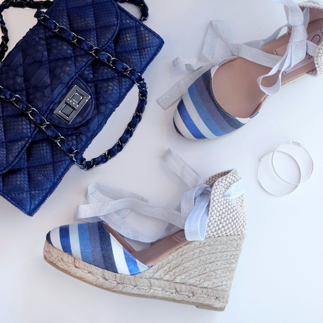 cute espadrilles wedges in different blue shade stripes by badt and co and Chanel type handbag in navy blue by Suzette accessories
