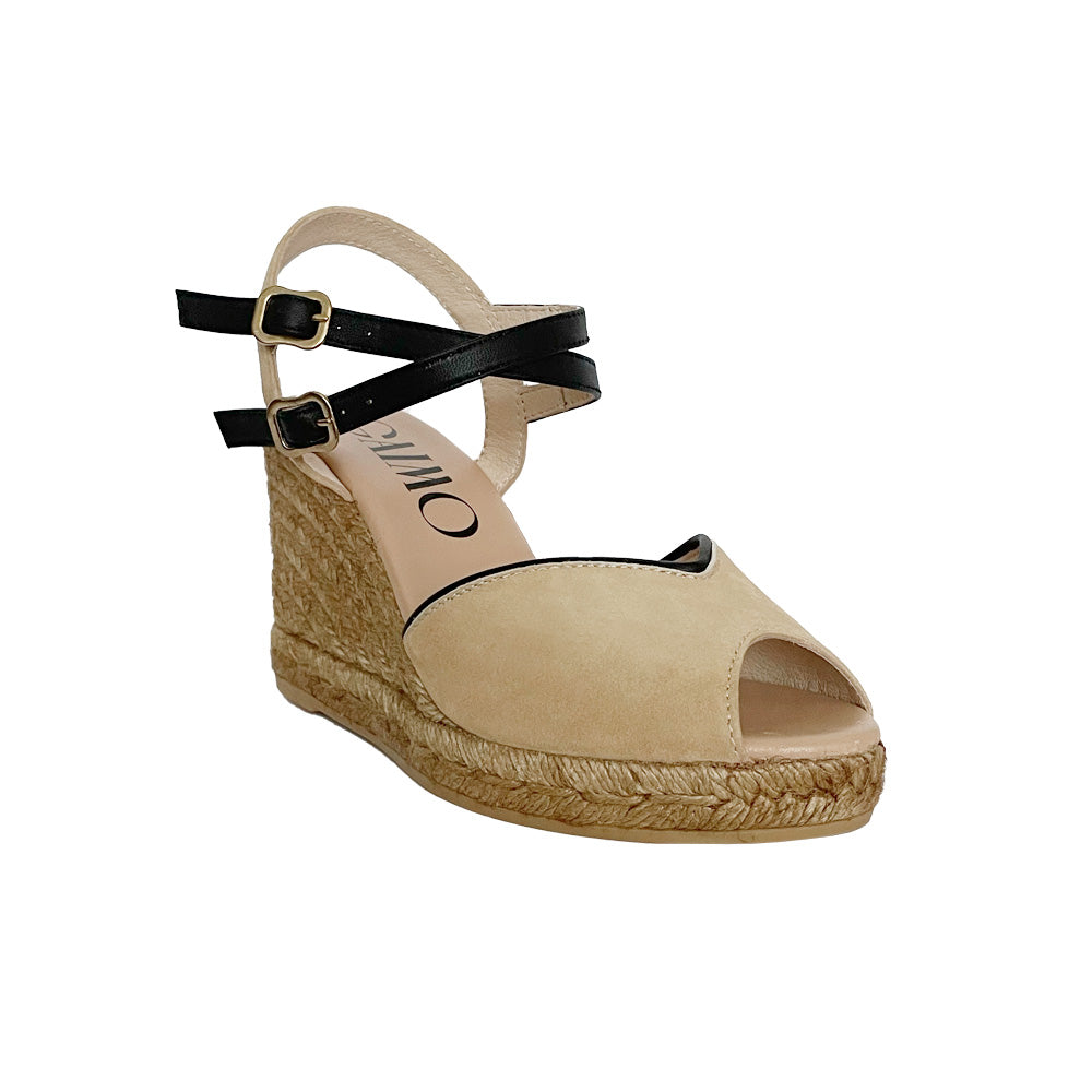 Handmade espadrilles wedges in suede and criss cross buckle ankle straps in leather