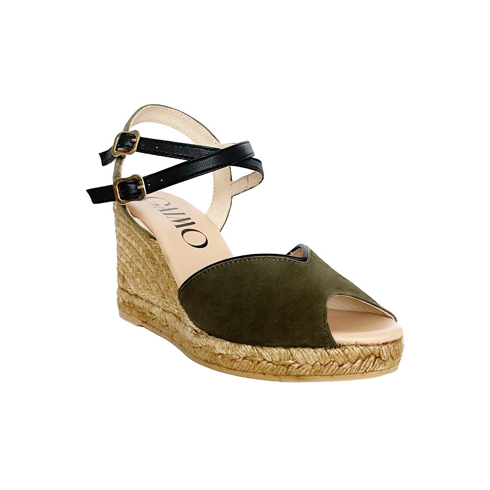 Handmade espadrilles wedges in suede and criss cross buckle ankle straps in leather