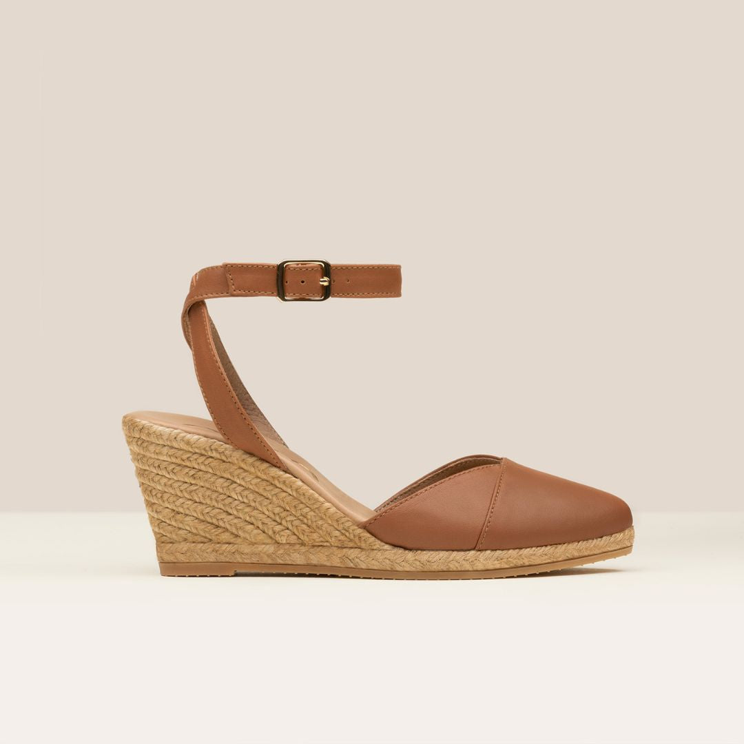 Oriana Praline mid-wedge leather espadrilles with pointed toe, square neckline, and ankle strap – handcrafted in Spain by Gaimo.