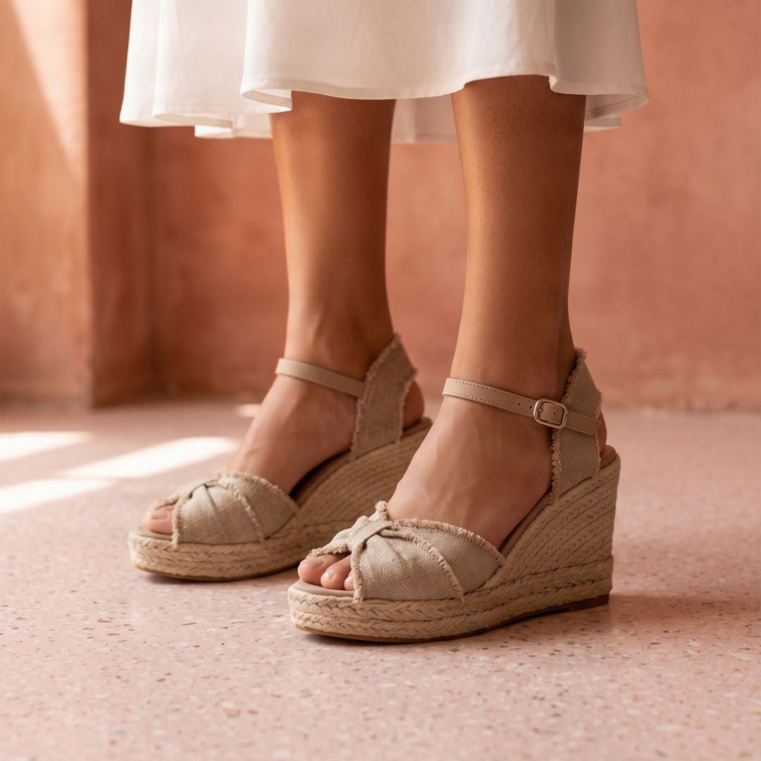Daly Natural wedge espadrilles side view - 9.5cm heel with frayed knot strap, jute and rubber sole