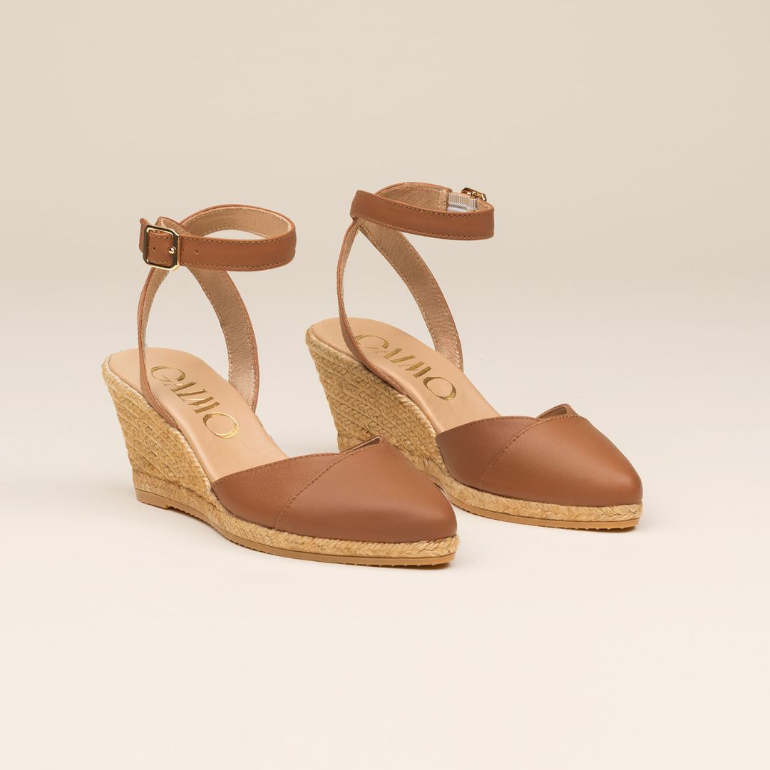 Oriana Praline mid-wedge leather espadrilles with pointed toe, square neckline, and ankle strap – handcrafted in Spain by Gaimo.