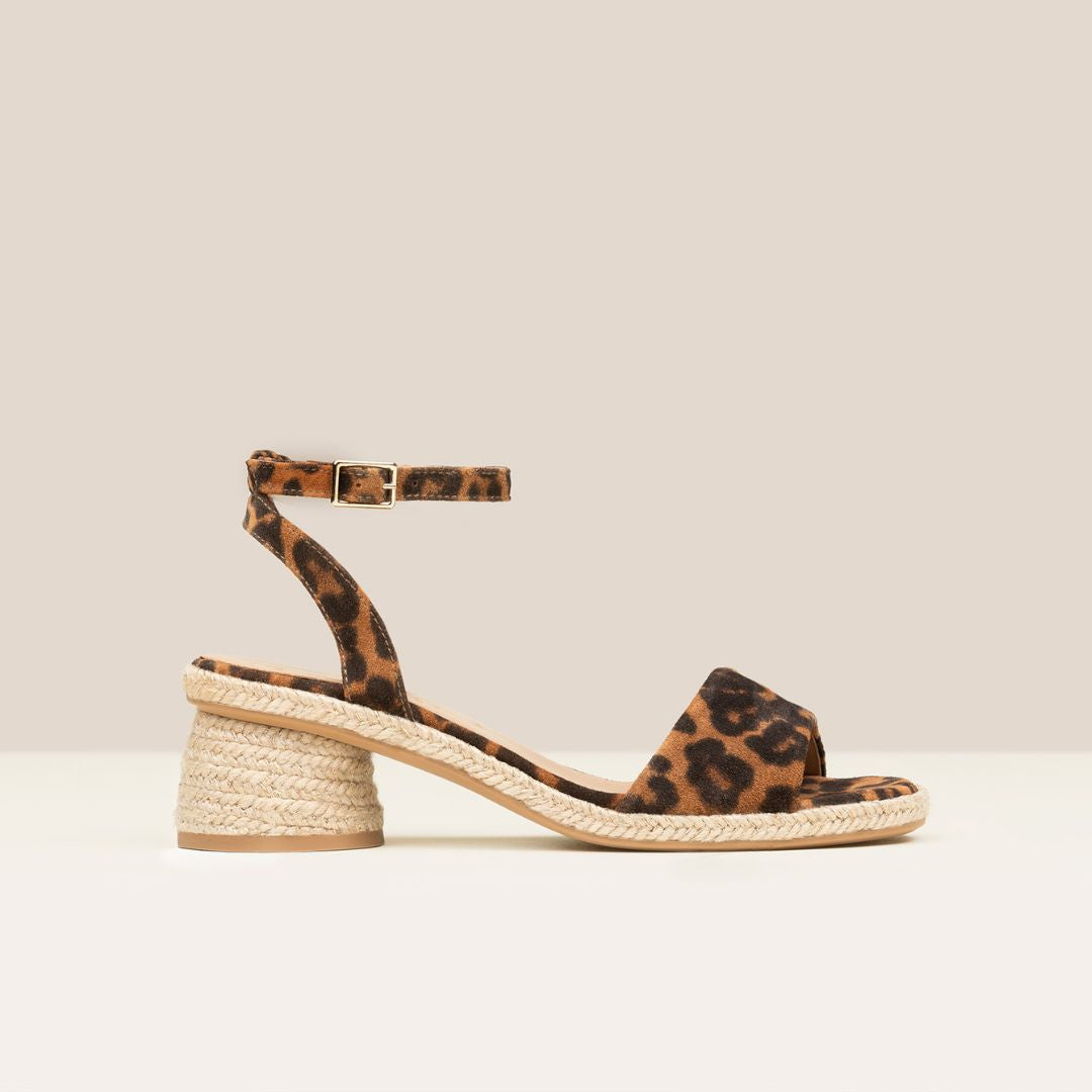 Evony Leopard mid-heel suede espadrilles with open toe and ankle strap – handcrafted in Spain by Gaimo.