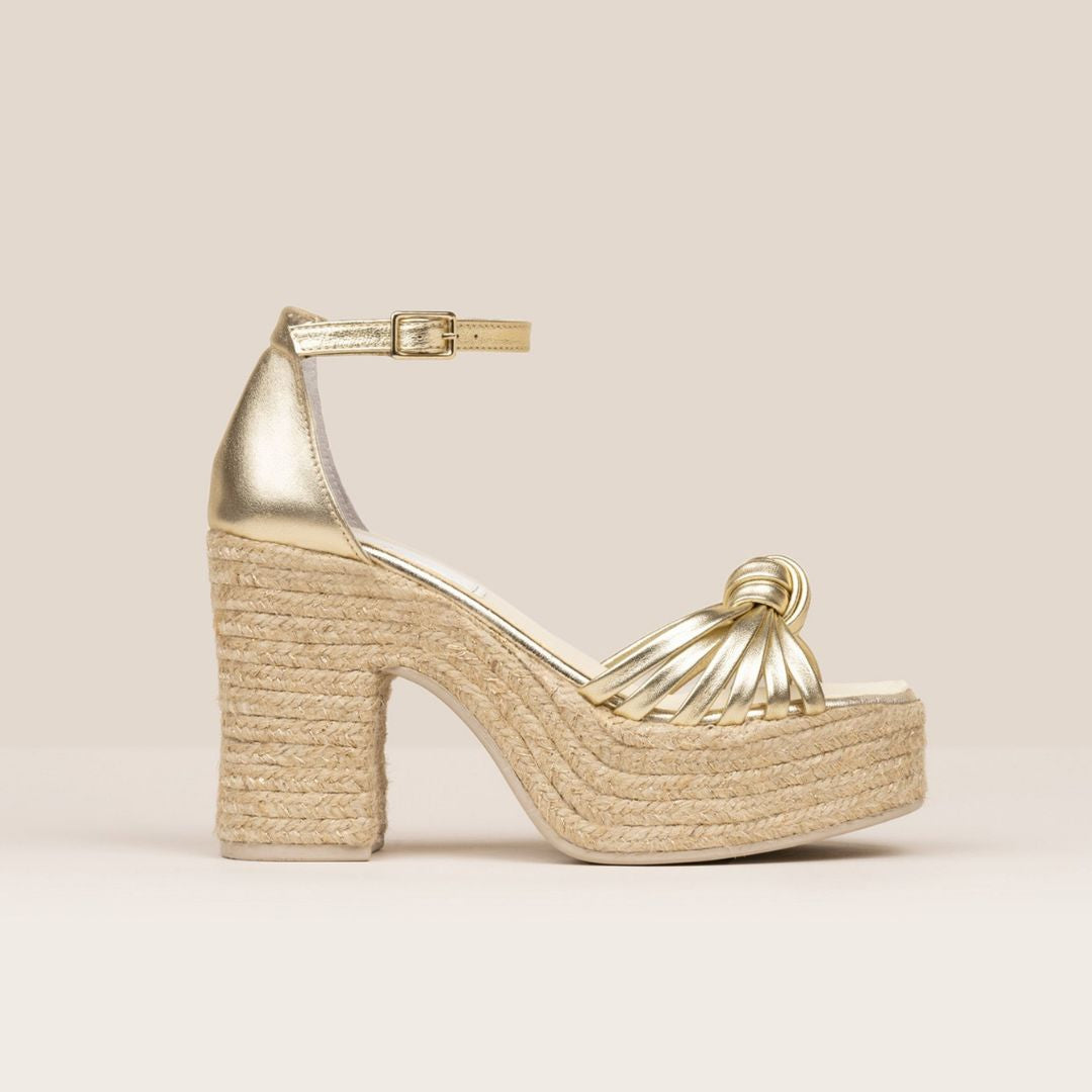 Melissa Gold high-wedge leather espadrilles with knotted multi-strap detail and ankle buckle – handcrafted in Spain by Gaimo