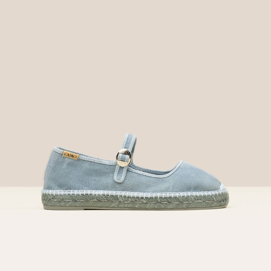 Tabita Blue Azure flat cotton espadrilles with ballet-inspired strap and side buckle – handcrafted in Spain by Gaimo.