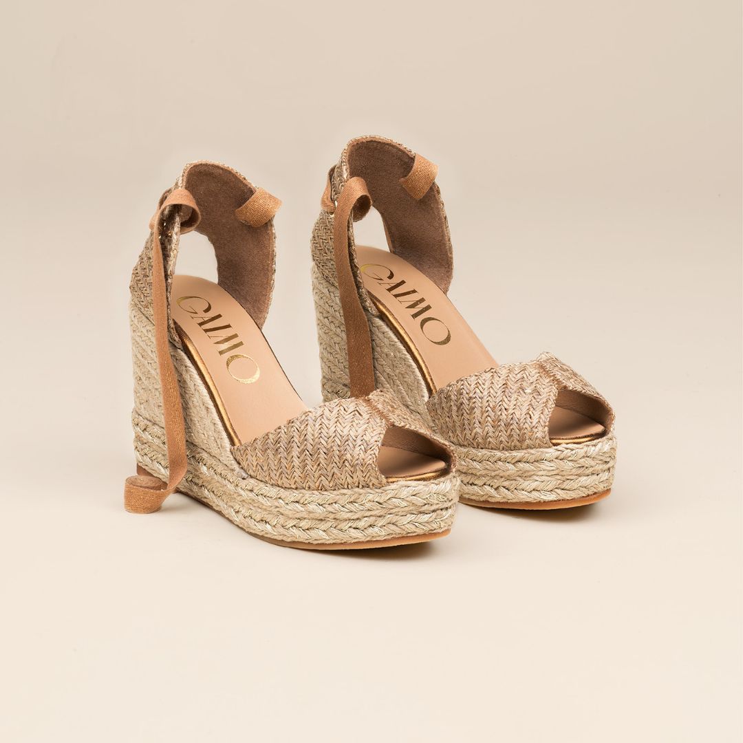 Andy Bronze metallic raffia wedge espadrilles with ribbon ankle ties – handcrafted in Spain by Gaimo