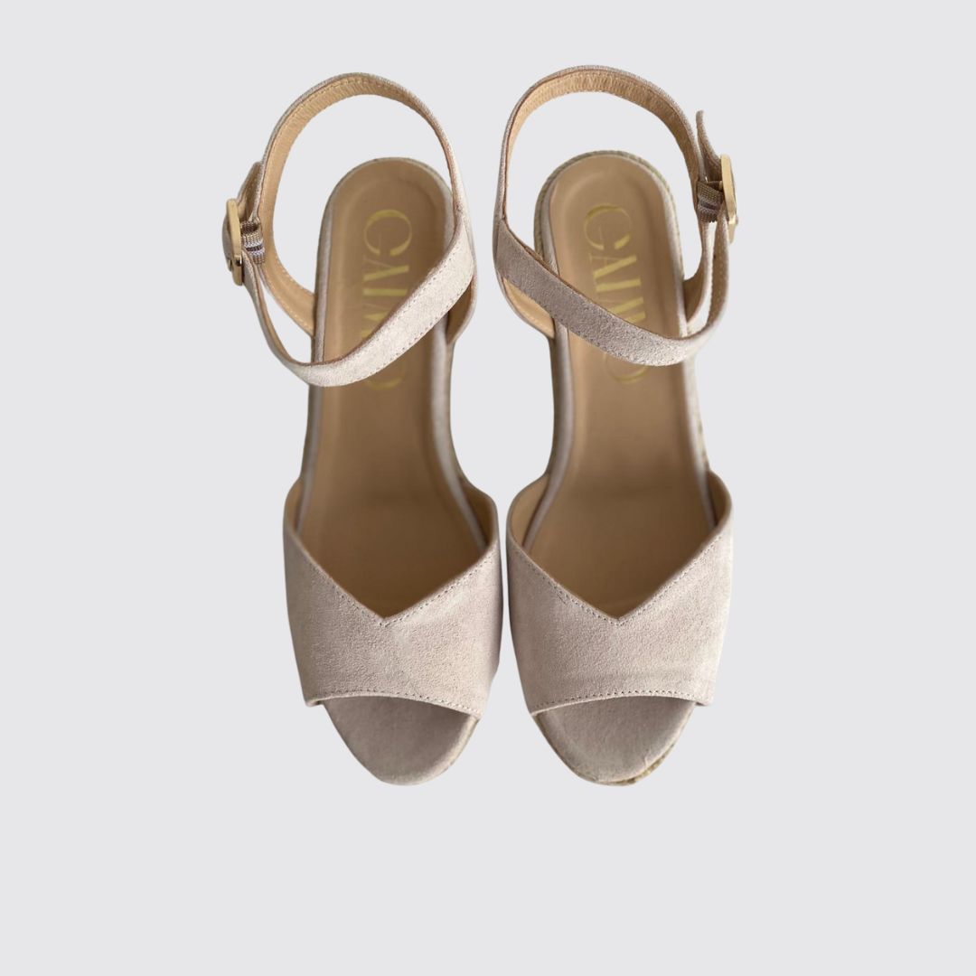 Lussy Pearl Grey low-wedge suede espadrilles with ankle strap, handcrafted in Spain by Gaimo