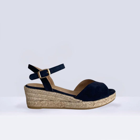 Lussy Navy Blue low-wedge suede espadrilles with ankle strap, handcrafted in Spain by Gaimo