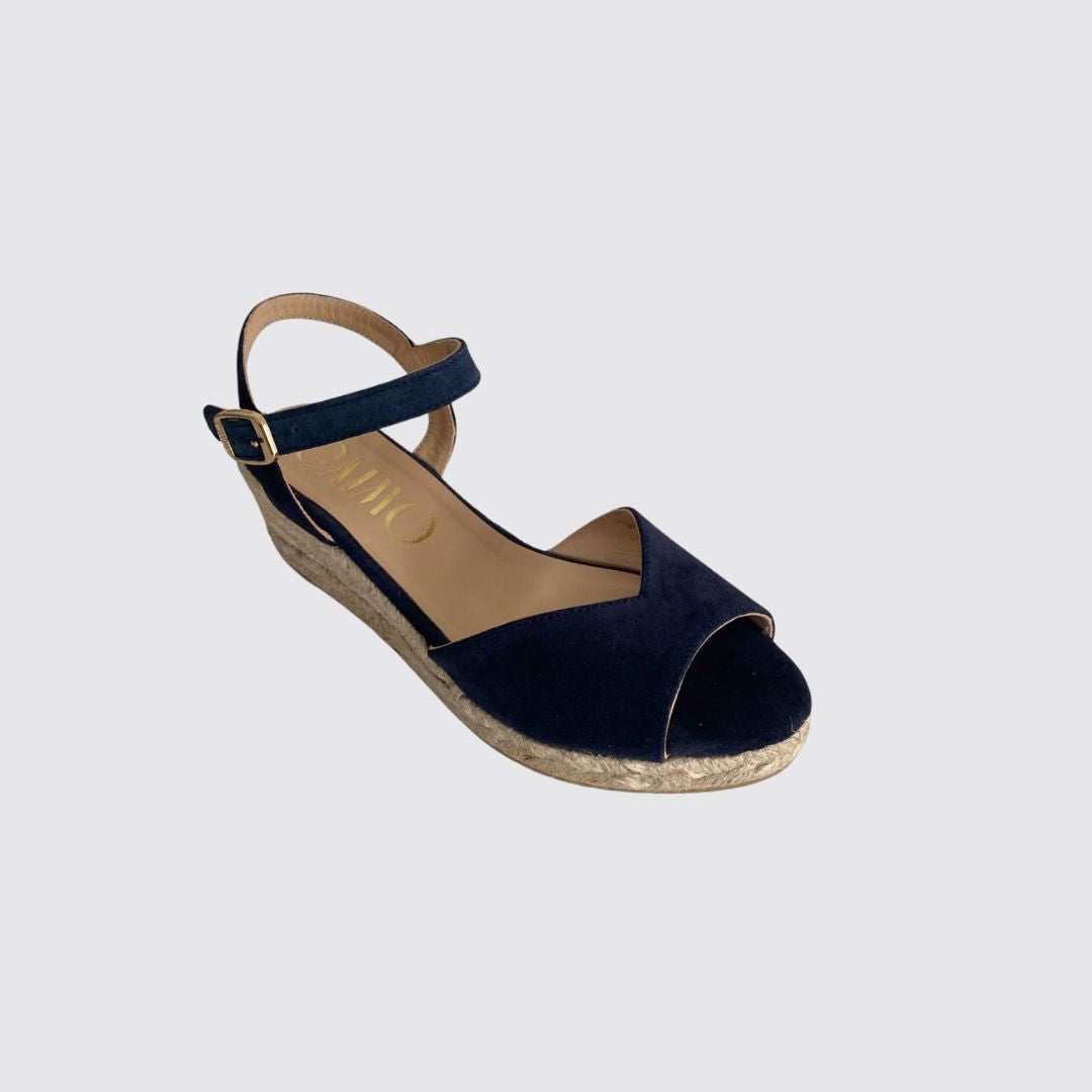 Lussy Navy Blue low-wedge suede espadrilles with ankle strap, handcrafted in Spain by Gaimo