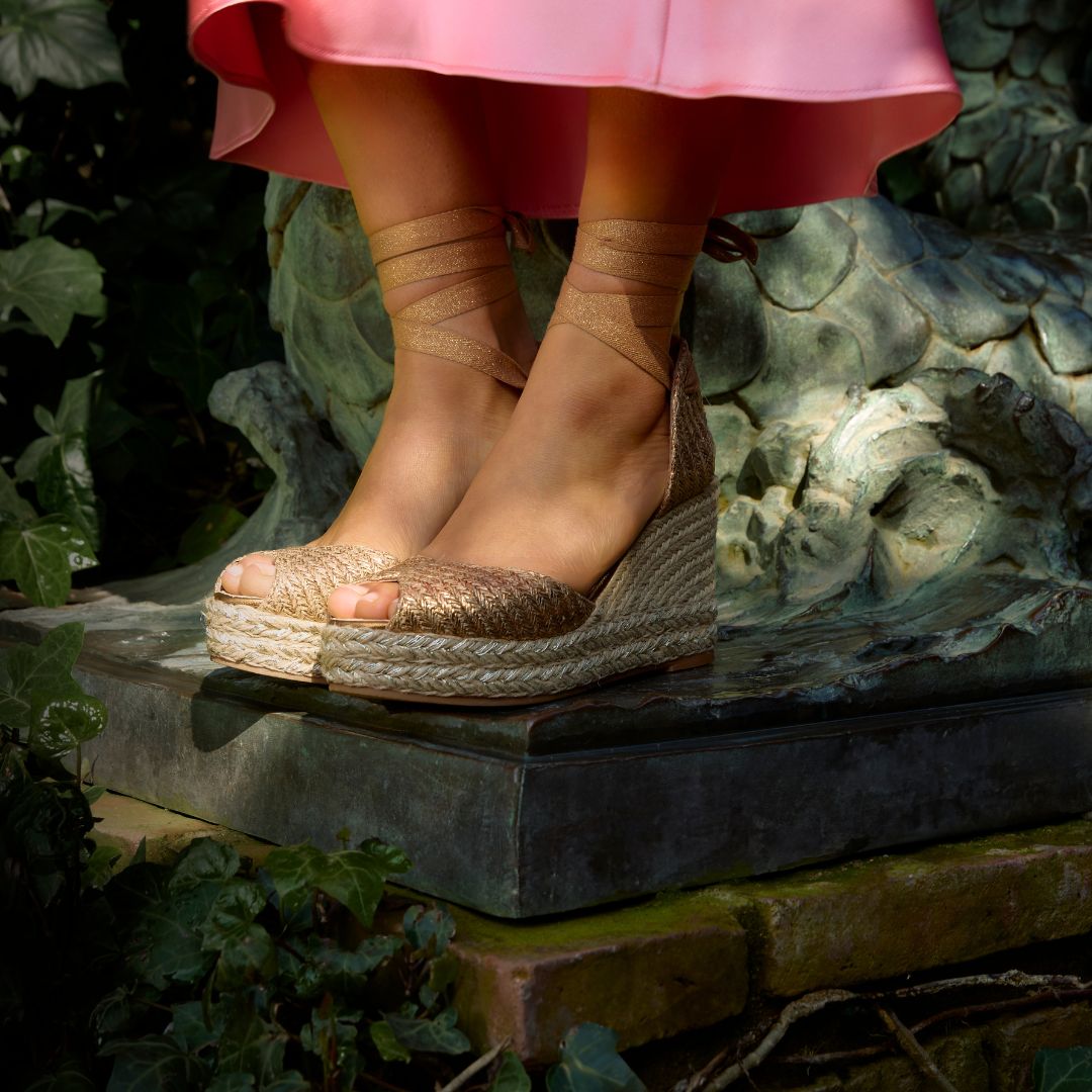 Andy Bronze metallic raffia wedge espadrilles with ribbon ankle ties – handcrafted in Spain by Gaimo