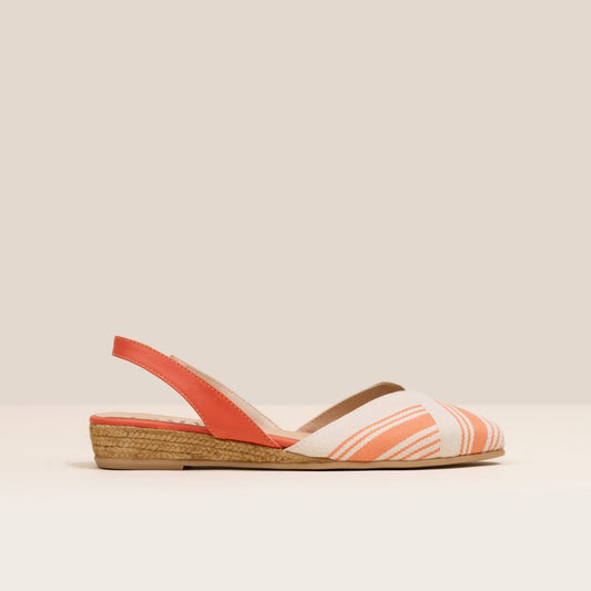 Sandals handmade espadrilles in jute, canvas and leather in coral and off white colour