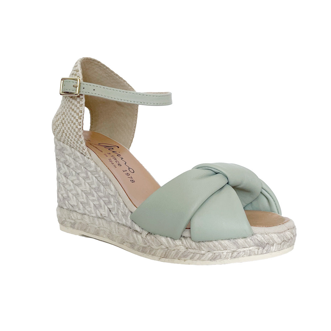 wedges sandals handmade in spain with the smoothest leather in light green and anklet buckle in light green colour