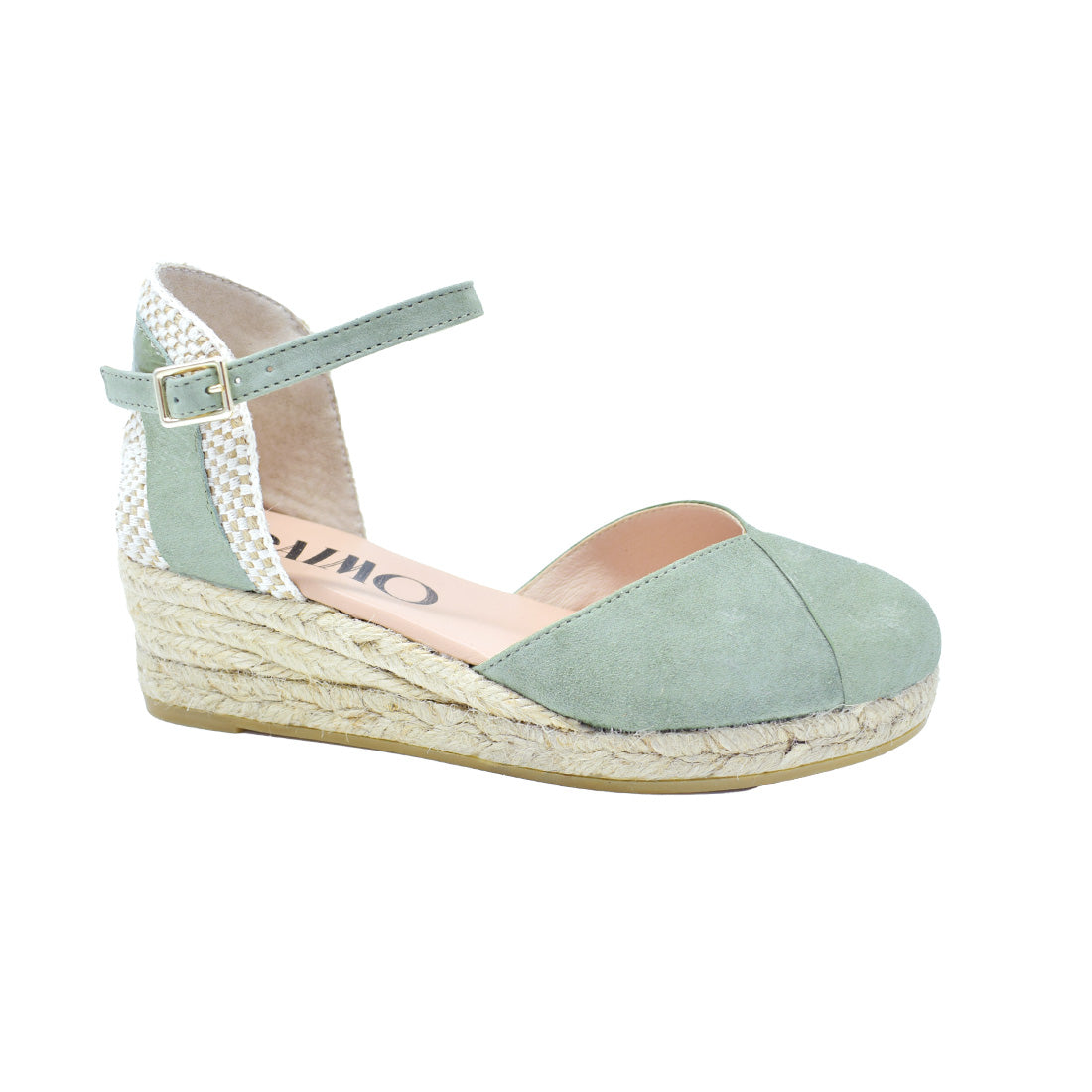 Green espadrilles low wedges handmade in Suede, jute and raffia comfortable shoes