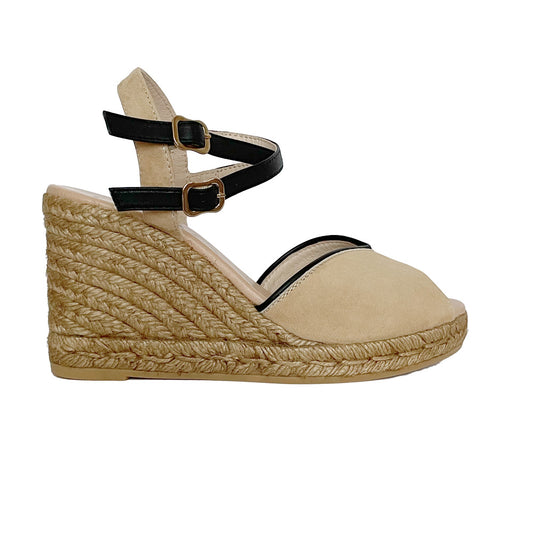 Handmade espadrilles wedges in suede and criss cross buckle ankle straps in leather