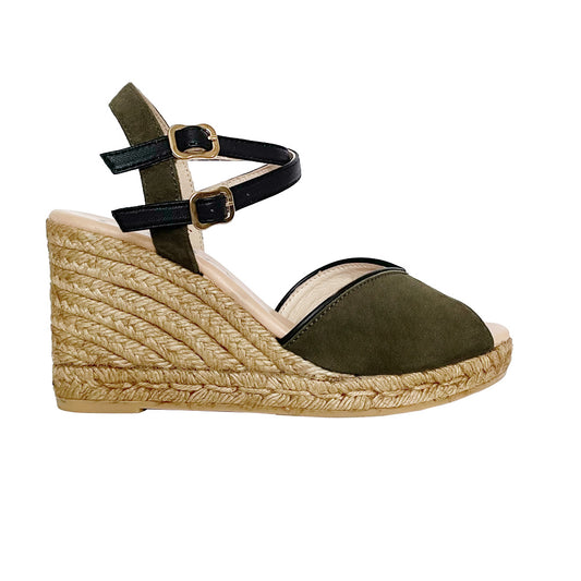 Handmade espadrilles wedges in suede and criss cross buckle ankle straps in leather